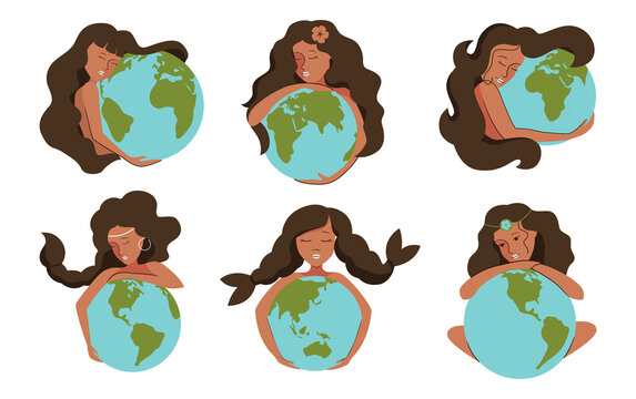 The set of African girls and planets. The collection woman hugs the earth is good for save the planet, logo designs, etc. The vector illustration