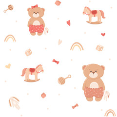 Cute baby bear with toys, seamless pattern. Kids print with rocking horse, eco rainbow, rattle. Teddy in pajamas holding a bunny toy. Cartoon animal in funny pants with dots.Vector illustration.