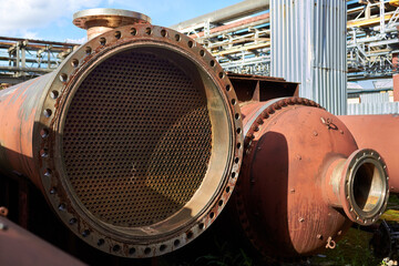 Industrial heat exchanger or boiler rusty tubes bundle. Dismantled heat exchanger shell and tubes...