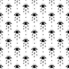Conceptual mystical eyes and tears, drops vector seamless pattern background.