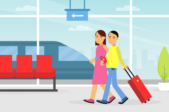 Happy Man and Woman Tourist Character with Suitcase and Passport at Railway Station Vector Illustration