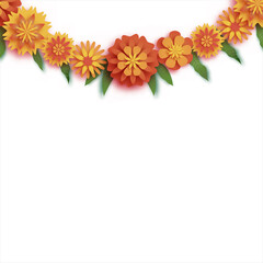 Obraz premium Marigold. Green Leaf Garland. Yellow Orange Paper Cut Flower. Indian Festival Flower and Mango leaf. Happy Diwali, Dasara, Dussehra, Ugadi. Decorative Elements for Indian Celebration.
