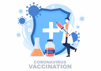 Coronavirus Vaccination With Syringe Injection Tool And Medicine, Doctors To Help Provide Covid 19 Vaccines For Self-Protection or Maintaining Health. Vector Illustration