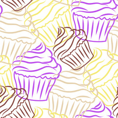 Vector illustration.
Image of colored cupcakes. The main colors are yellow, lilac and brown. Seamless pattern of current lines for wrapping paper, backgrounds, cards, textiles, prints.