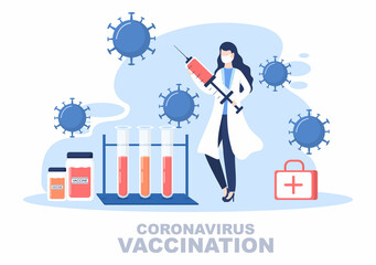 Coronavirus Vaccination With Syringe Injection Tool And Medicine, Doctors To Help Provide Covid 19 Vaccines For Self-Protection or Maintaining Health. Vector Illustration