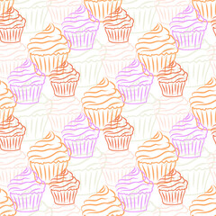 Vector illustration.
Image of colored cupcakes. Gentle colors. Seamless pattern of current lines for wrapping paper, backgrounds, cards, textiles, prints.
