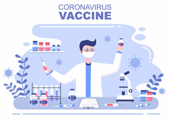 Coronavirus Vaccination With Syringe Injection Tool And Medicine, Doctors To Help Provide Covid 19 Vaccines For Self-Protection or Maintaining Health. Vector Illustration