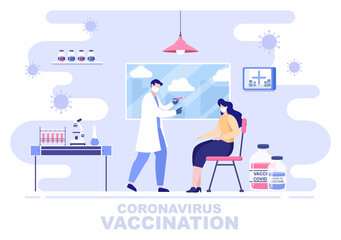 Coronavirus Vaccination With Syringe Injection Tool And Medicine, Doctors To Help Provide Covid 19 Vaccines For Self-Protection or Maintaining Health. Vector Illustration