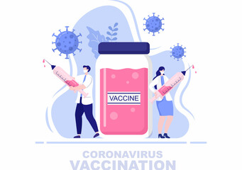 Coronavirus Vaccination With Syringe Injection Tool And Medicine, Doctors To Help Provide Covid 19 Vaccines For Self-Protection or Maintaining Health. Vector Illustration