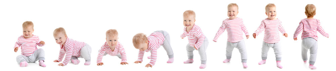 Cute baby learning to walk and taking first steps on white background