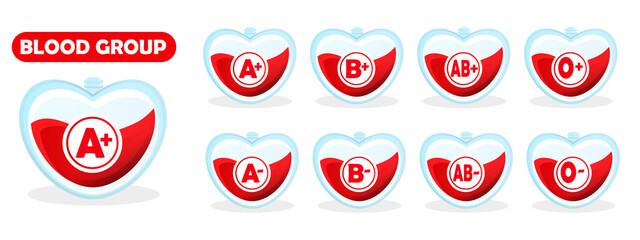 Blood group in the form of a drop of blood. Different blood types vector illustration. Blood test.Heart shaped blood groups
