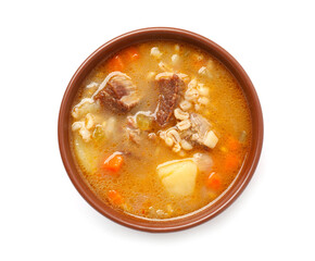Bowl with tasty beef barley soup on white background