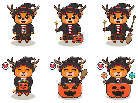 Vector illustration of cute Deer with Witch halloween costume. Deer character vector design. Good for label, sticker, clipart.