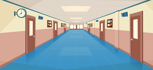 School hallway interior with entrance doors,