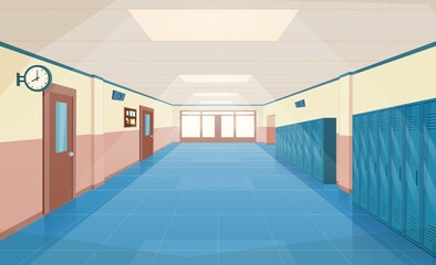 School hallway interior with entrance doors,