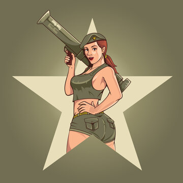 WW2 pin up girl Big Gun Lover Star emblem vector illustration for brand, poster, design element, t-shirt print, or any other purpose.