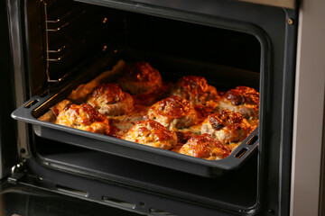 Baking tray with delicious minced meat boats, mushrooms and melted cheese in oven