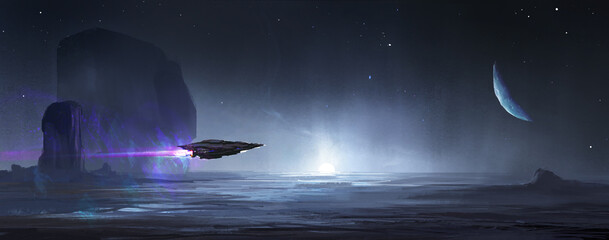 Human aircraft sailing on the wasteland of alien stars, 3D illustration. - obrazy, fototapety, plakaty
