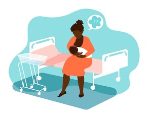 African American woman with a newborn baby alone in a hospital ward staying with a baby. Postpartum depression period. Frustration, need for breastfeeding and maternal mental health support. EPS10