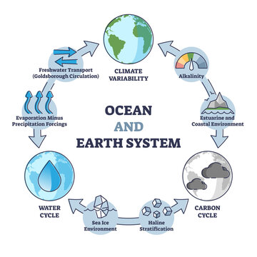 Ocean and earth system with climate variability, water and carbon cycle outline diagram. Climate and environment changing process explanation in educational labeled cycle scheme vector illustration.