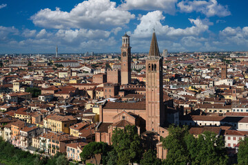 Fototapeta na wymiar Churches in the historic city of Italy. Verona, Italy top view of the historic city. Aerial panorama in Verona. Verona in Italy aerial view.