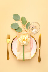 Beautiful table setting with narcissus flowers on color background