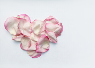 Pink heart made from rose petals on a white background. Valentine's Day.