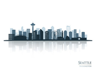 Naklejka premium Seattle skyline silhouette with reflection. Landscape Seattle, Washington. Vector illustration.
