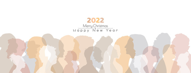 Merry Christmas 2022 card.  Happy New Year. People of different ethnicities together. Flat vector illustration.