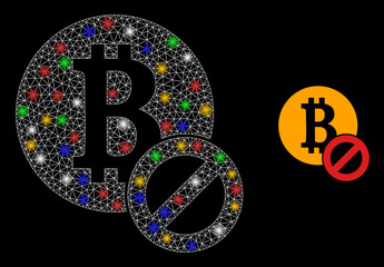 Bright mesh network stop bitcoin with colorful flash nodes. Constellation vector mesh created from stop bitcoin pictogram. Sparkle carcass mesh stop bitcoin, on a black backgound.