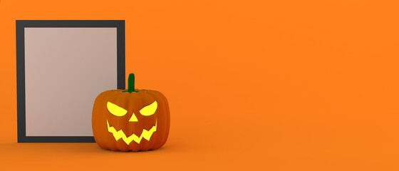 Halloween lantern pumpkin with frame with space for advertising text. Party. 3D Illustration. Copy space.