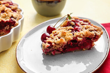 Plate with piece of tasty cherry pie on color background, closeup