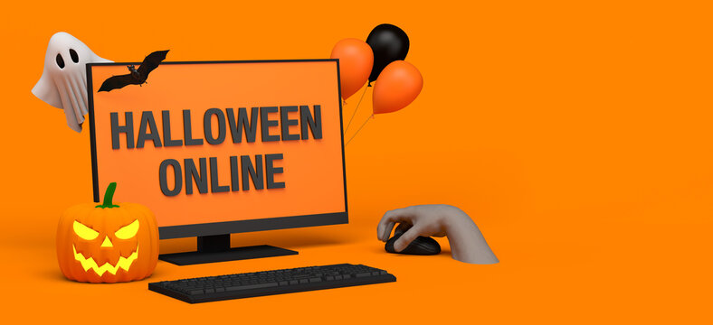 Halloween online banner. Safe halloween with pumpkin, ballons, zombie and ghost. 3d illustration. Copy space.