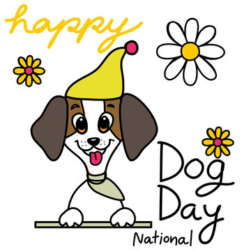dog with flower happy national dog day card with cute smiling dog with hat and flowers and wording happy national dog day hand drawn cartoon vector