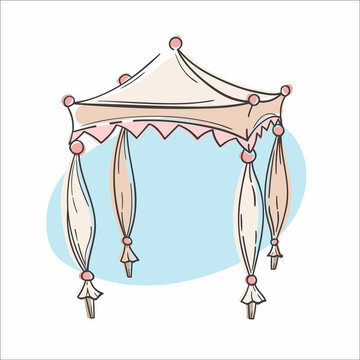 Single vector image of fabric awning, wedding tent, awning in pink and cream colors. Stylish illustration in cartoon flat style for compositions, advertising printing, invitations, banners, logos.