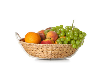 Basket with fresh fruits on white background