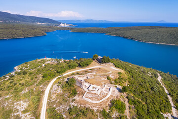 An aerial view of Rasa bay from viewpoint Stari Rakalj, Istria, Croatia