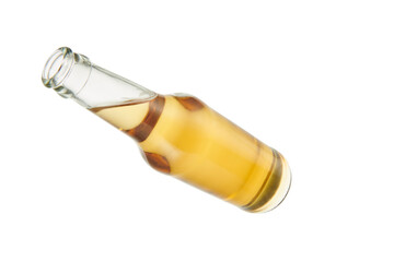 Beer bottles without labels and without caps isolated on white background. Front angle of inclination - obrazy, fototapety, plakaty