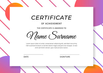 Certificate template of achievement with striped background and gradient circles