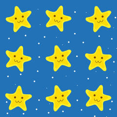 Happy cartoon cute stars with faces in a night sky seamless vector pattern