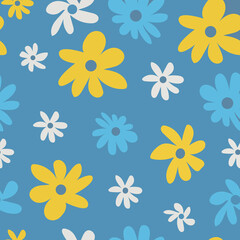 Fototapeta na wymiar Colorful vector hand drown flowers seamless pattern on a blue background