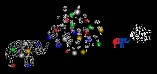 Glowing mesh web elephant stimulus dollars with colorful light dots. Illuminated vector mesh created from elephant stimulus dollars symbol. Sparkle constellation mesh elephant stimulus dollars,