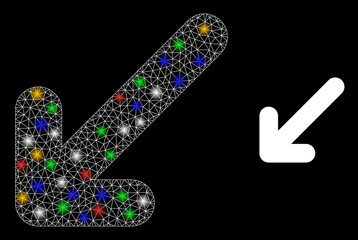 Glare mesh web move down left with vibrant bright dots. Illuminated vector carcass created from move down left icon. Sparkle carcass mesh move down left, on a black backgound.