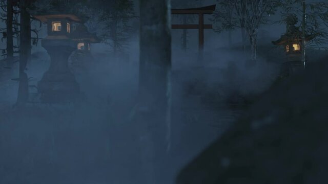 old japanese shrine with torii gate and stone lantern at night