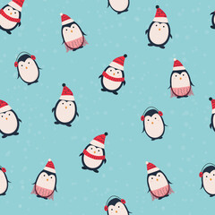 Seamless pattern with cute cartoon penguins