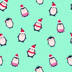 Seamless pattern with cute cartoon penguins