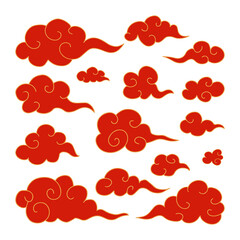 Set of traditional oriental Japanese red swirled clouds with golden outline. Collection of design elements for Chinese New Year, Mid Autumn Festival