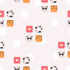 Cute animals in trendy flat style seamless pattern for baby background. Vector stock illustration