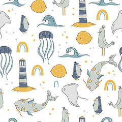 Naklejka premium Sea animals pattern in cute hand drawn style on white background with fishes, lighthouse. Vector stock illustration