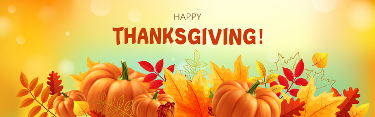 Happy Thanksgiving background with autumn leaves, yellow and white pumpkins. 3d realistic vector illustration.